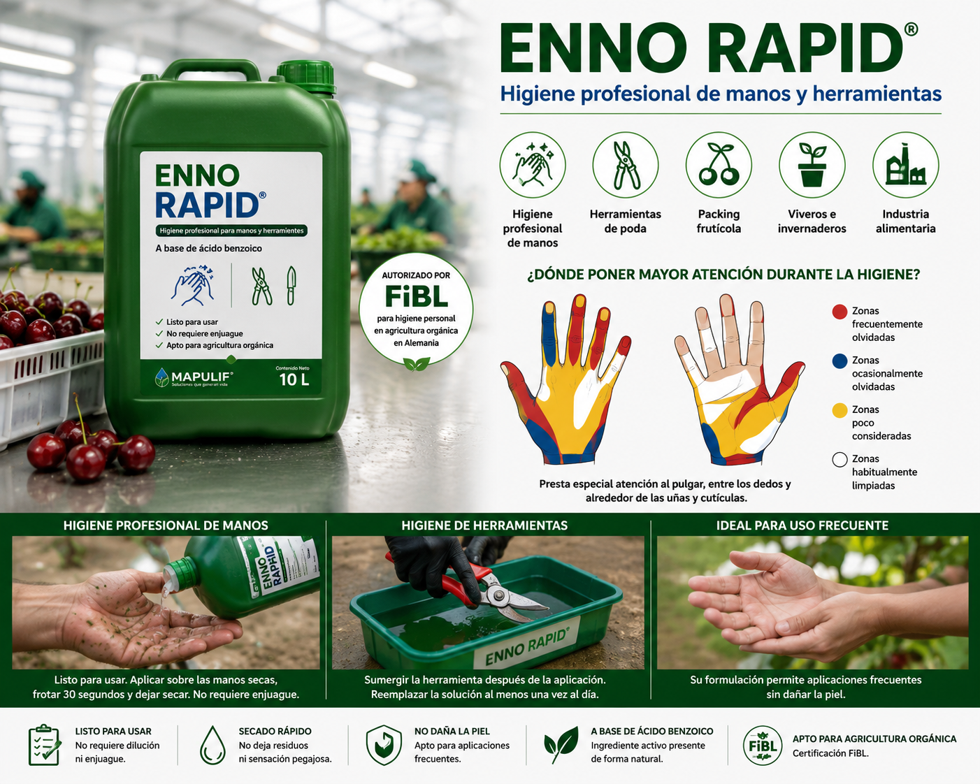 Bidón de Enno Rapid para higiene profesional de manos y herramientas a base de ácido benzoico.