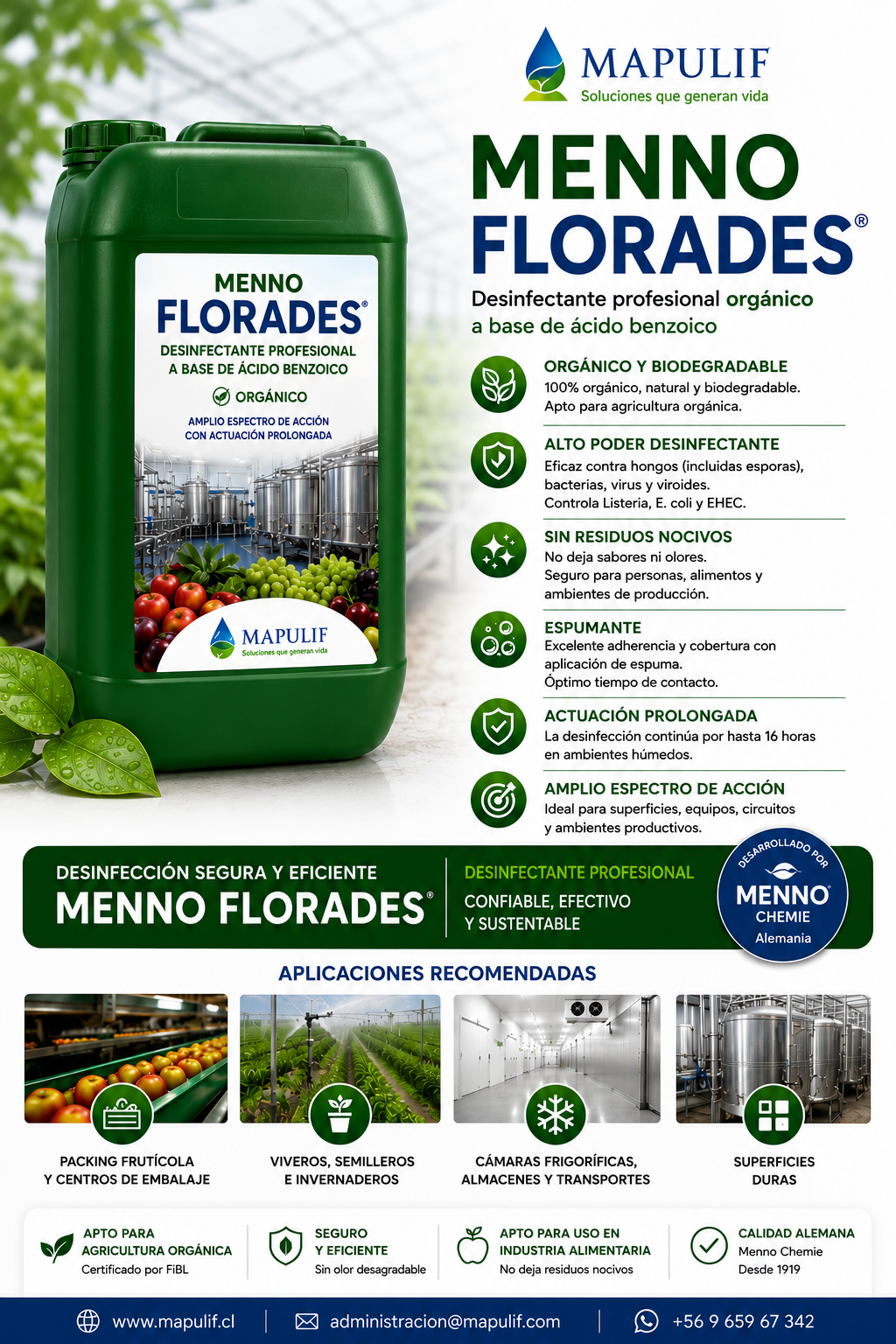 Menno Florades, desinfectante profesional orgánico para viveros, semilleros, invernaderos, packing frutícola e industria alimentaria.
