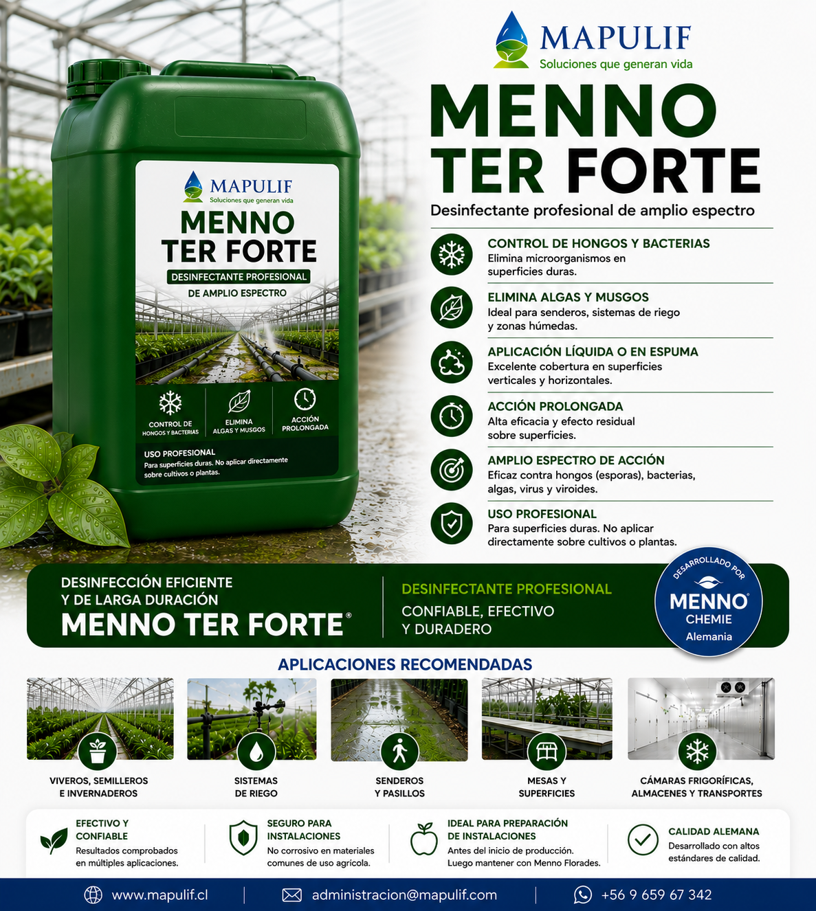 Menno Ter Forte, desinfectante profesional de amplio espectro para viveros, semilleros, invernaderos y superficies agrícolas.