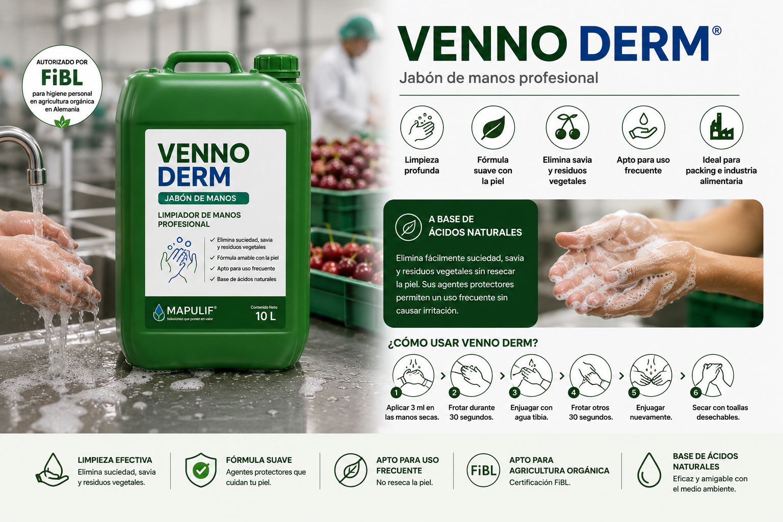 Bidón de Venno Derm, jabón de manos profesional a base de ácidos naturales para eliminar savia y residuos vegetales sin dañar la piel.