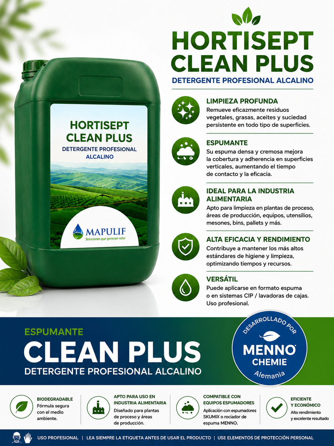 Hortisept Clean Plus, detergente profesional alcalino espumante para limpieza de plantas de proceso, packings, bins, pallets, superficies y equipos de la industria alimentaria.