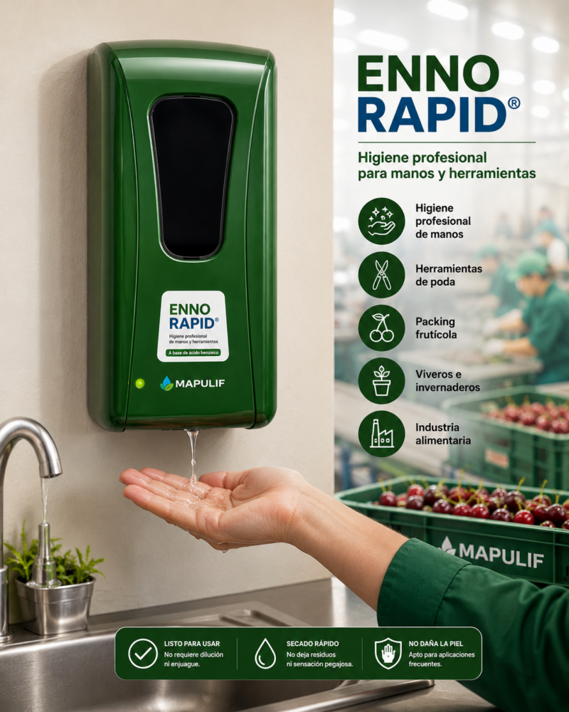 Aplicación de Enno Rapid mediante dispensador automático para la higiene profesional de manos en packing, viveros e industria alimentaria.