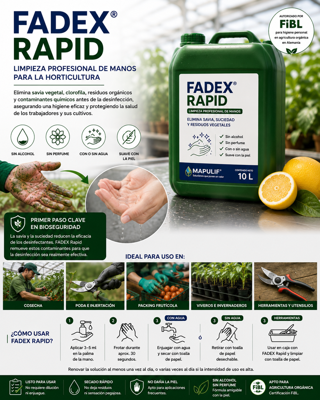 FADEX Rapid, limpiador profesional de manos para horticultura que elimina savia vegetal, clorofila y residuos orgánicos antes de la desinfección, ideal para packing frutícola, viveros e invernaderos.