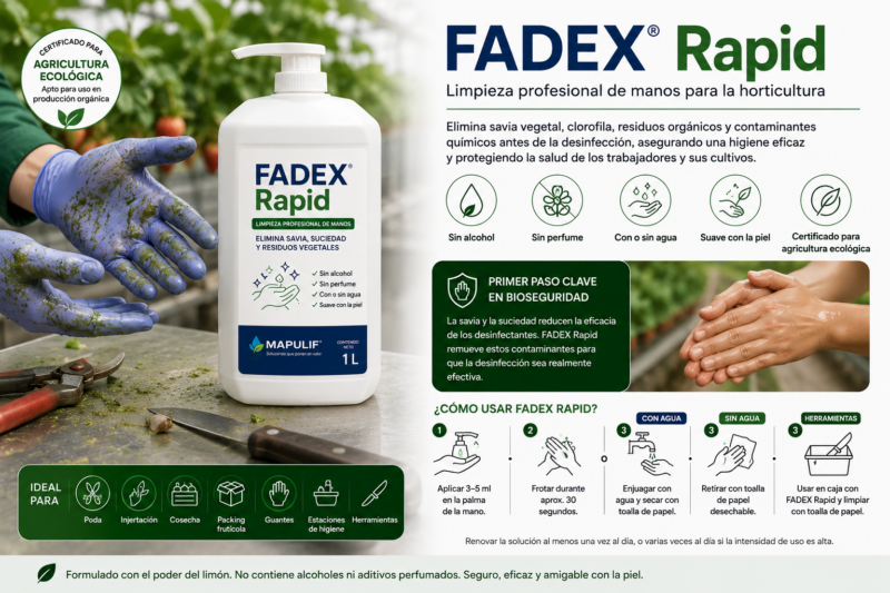 FADEX Rapid, limpiador profesional de manos para horticultura que elimina savia vegetal, clorofila y residuos orgánicos antes de la desinfección. Apto para poda, injertación, cosecha y packing frutícola.