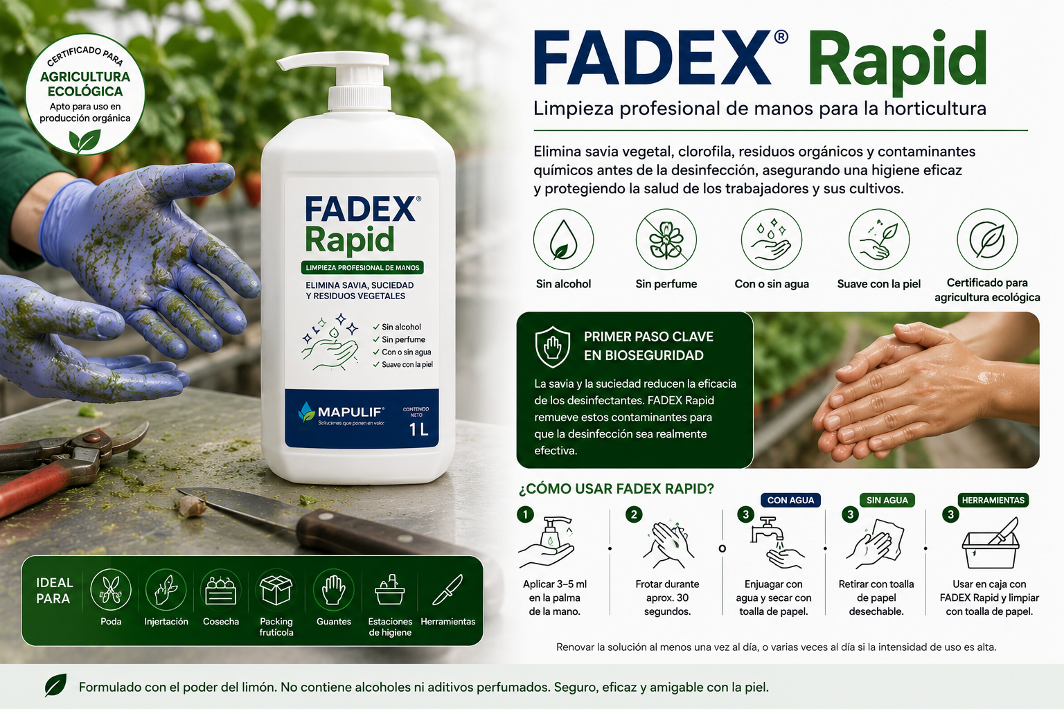 FADEX Rapid – Limpieza profesional de manos para la horticultura FADEX Rapid, limpiador profesional de manos para horticultura que elimina savia vegetal, clorofila y residuos orgánicos antes de la desinfección. Apto para poda, injertación, cosecha y packing frutícola.