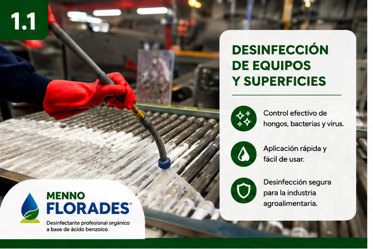 Aplicación de Menno Florades para la desinfección de equipos, mesas y superficies en packing, viveros e industria agroalimentaria.